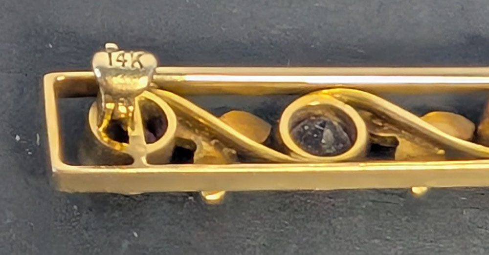 Antique 14 Kt Yellow Gold Seed Pearl & Amethyst Bar Brooch
