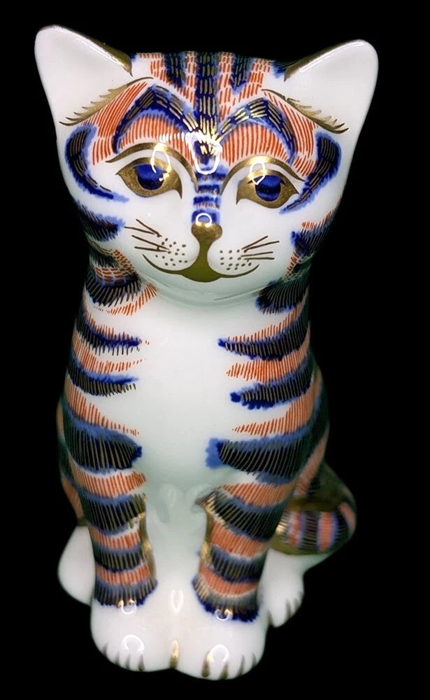 ROYAL CROWN DERBY Fine Bone China Standing Imari Cat Figurine - Gold Seal - 3"