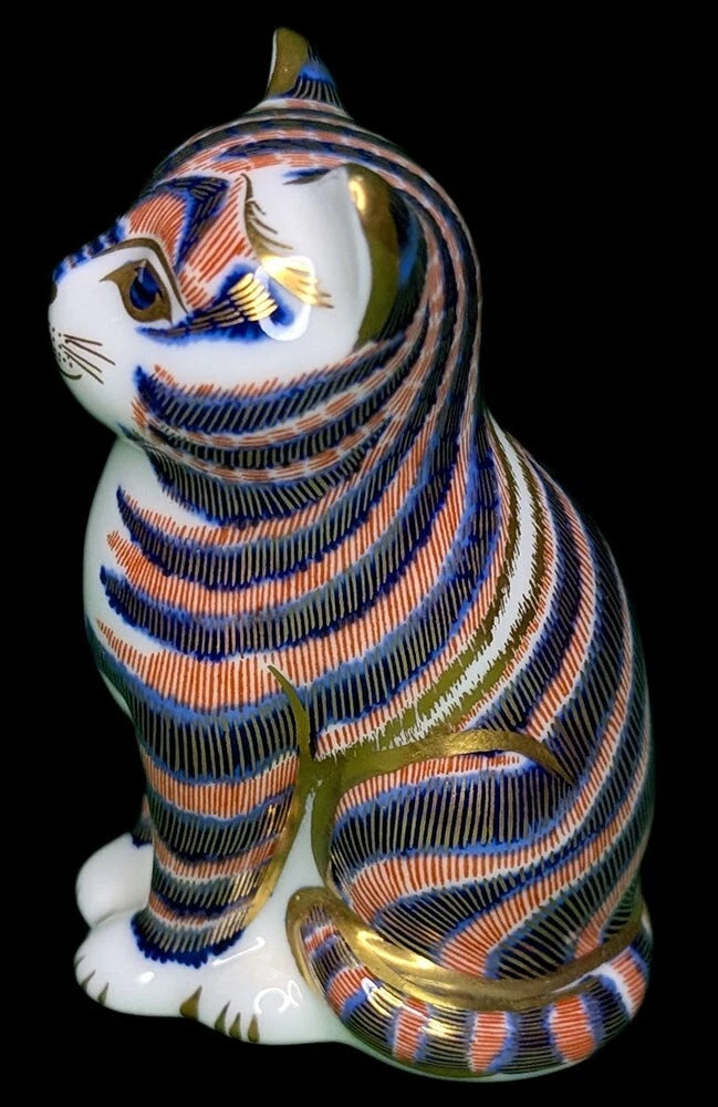 ROYAL CROWN DERBY Fine Bone China Standing Imari Cat Figurine - Gold Seal - 3"
