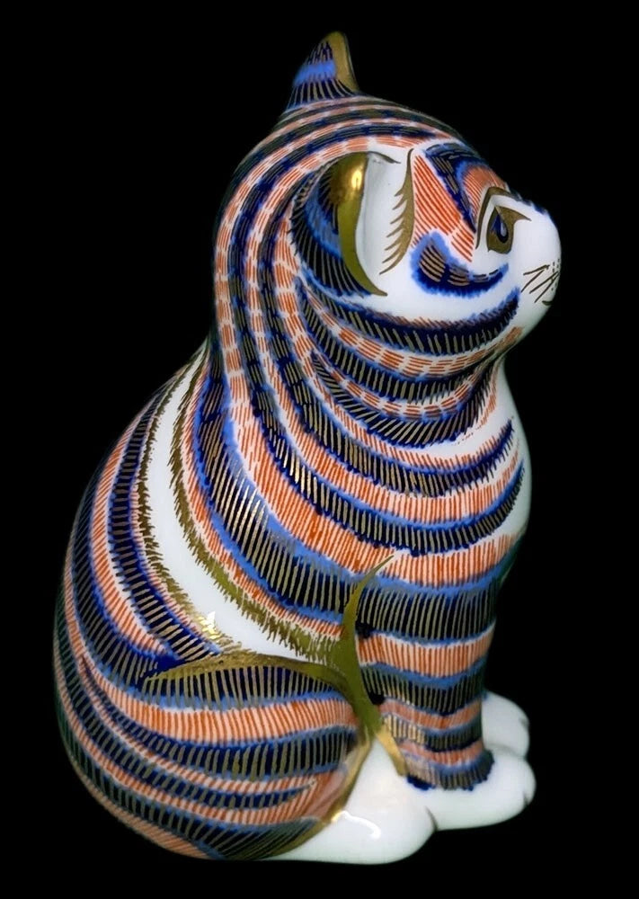 ROYAL CROWN DERBY Fine Bone China Standing Imari Cat Figurine - Gold Seal - 3"