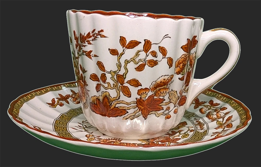 SPODE Bone China - Indian Tree Pattern, Rust - Cup & Saucer - Old Mark