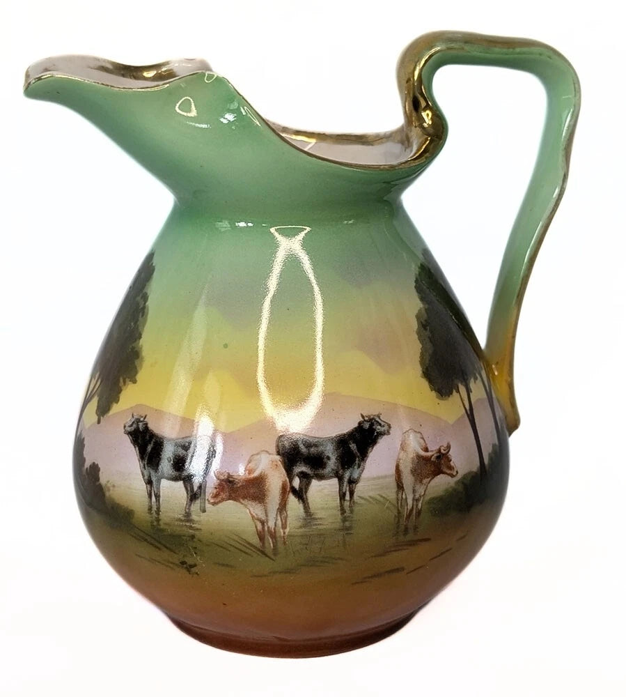Vtg ROYAL BAYREUTH Porcelain Hand Painted Cow / Cattle Scene Pitcher / Creamer