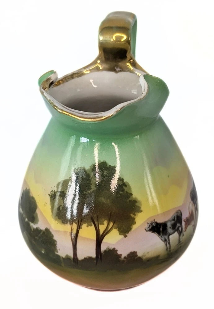 Vtg ROYAL BAYREUTH Porcelain Hand Painted Cow / Cattle Scene Pitcher / Creamer