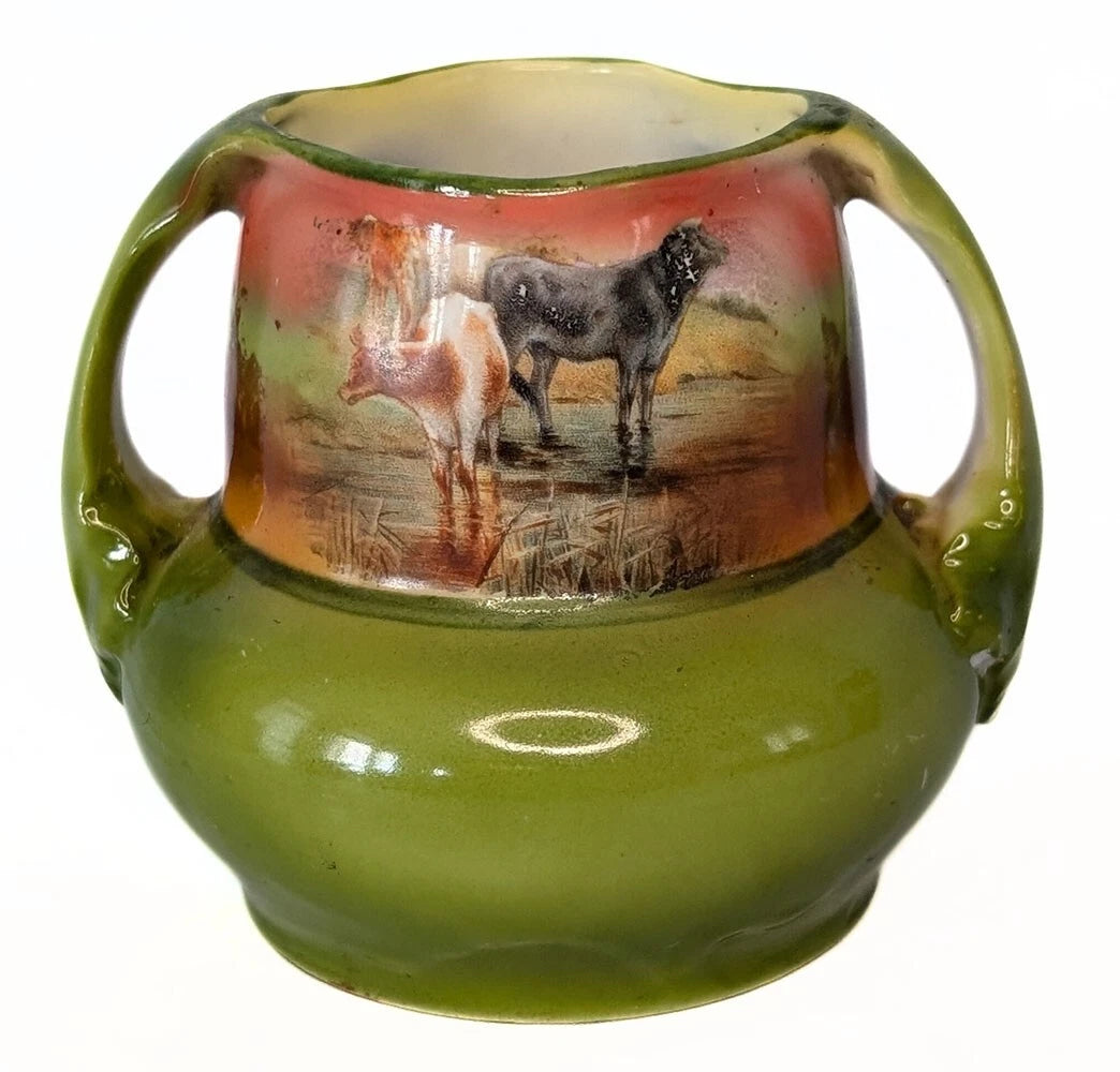 ROYAL BAYREUTH Porcelain Hand Painted Cow / Cattle Scene Dbl Handle Small Vase