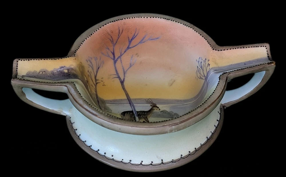 Vintage Hand Painted NIPPON Double Handled Ashtray - Country Scene