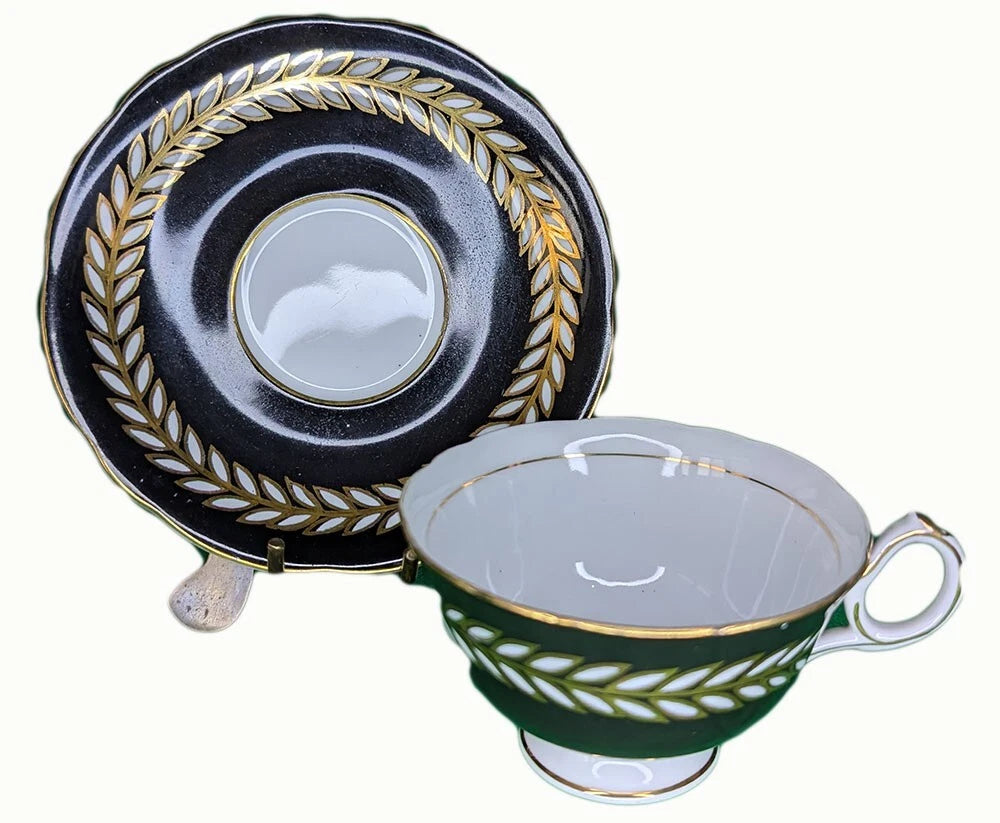 Vintage Shafford Bone China Teacup & Saucer - Black with Wheat Design Border