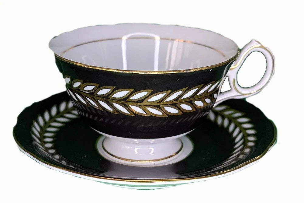 Vintage Shafford Bone China Teacup & Saucer - Black with Wheat Design Border