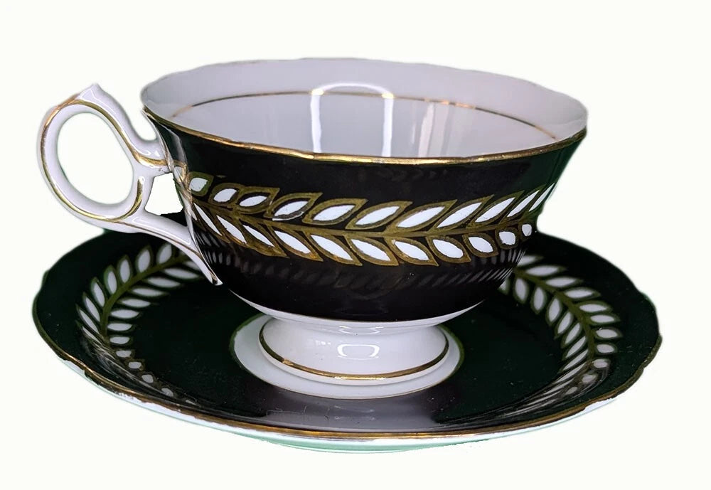 Vintage Shafford Bone China Teacup & Saucer - Black with Wheat Design Border