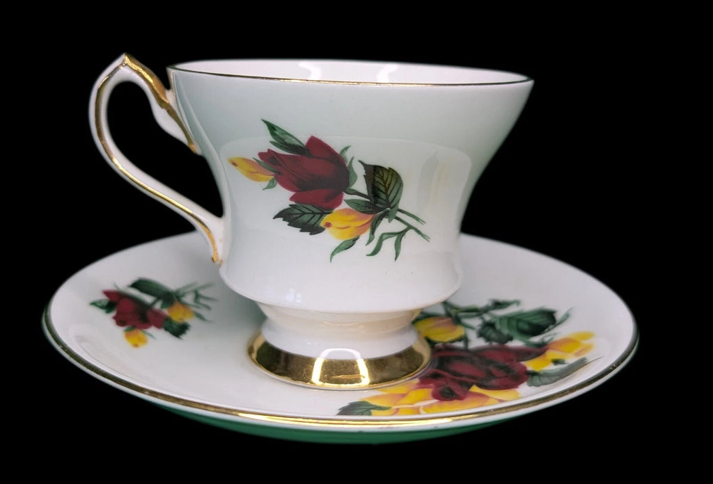 WINDSOR Bone China Tea Cup & Saucer Set - Red & Yellow Roses