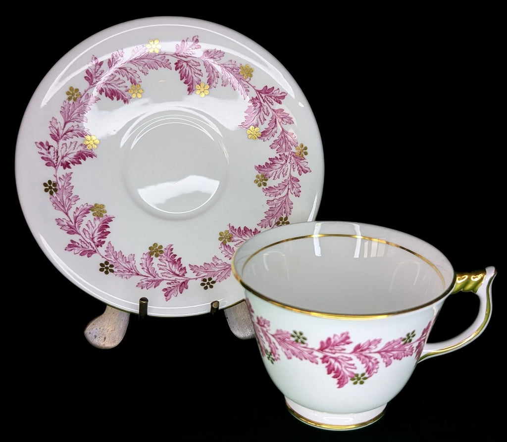 Vintage Aynsley Fine Bone China Teacup & Saucer - Red Leaf, Gold Accent