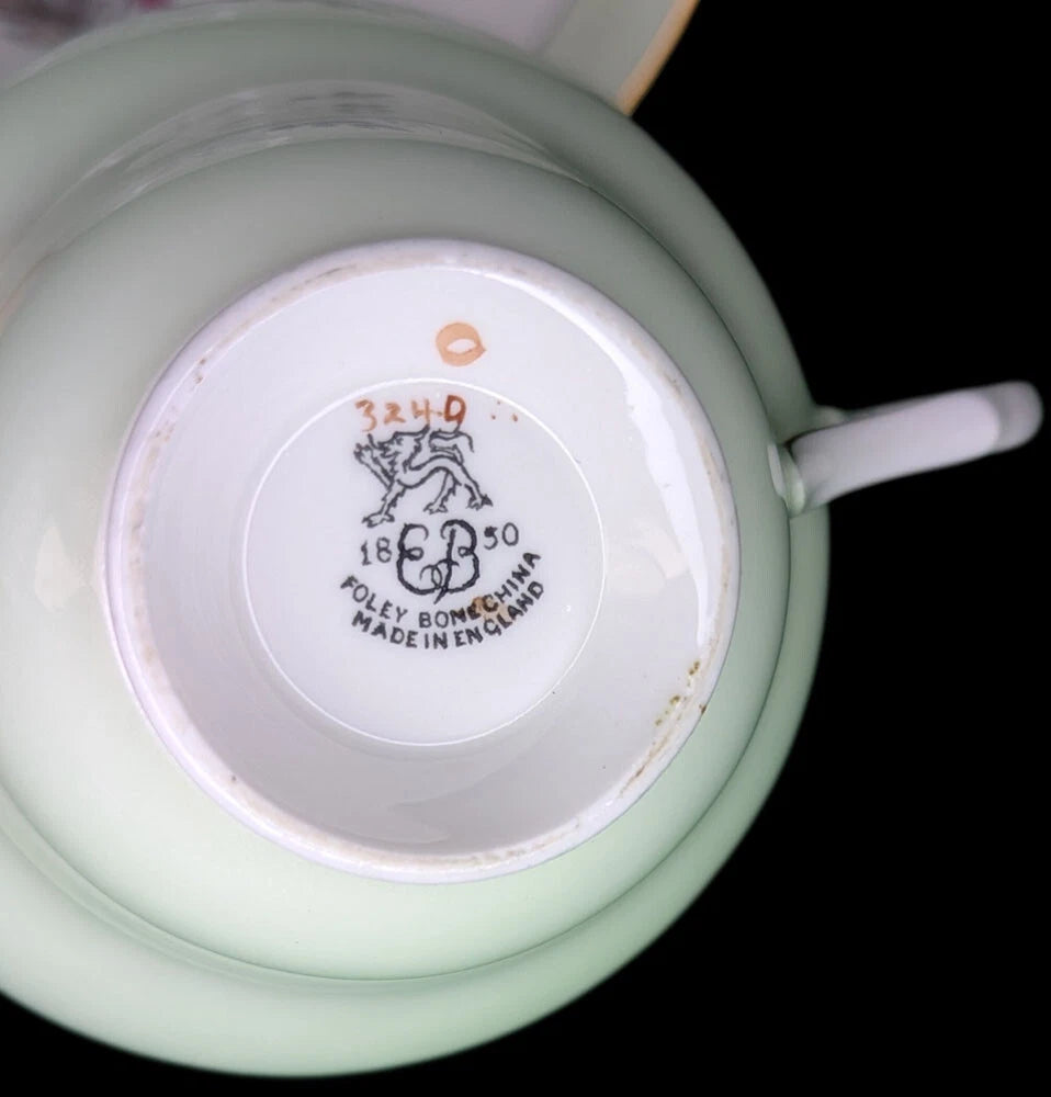 Vintage Foley Bone China Teacup & Saucer - Light Green & Twig Bouquet