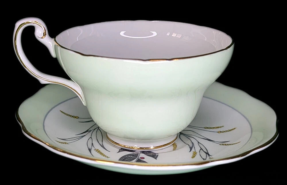 Vintage Foley Bone China Teacup & Saucer - Light Green & Twig Bouquet