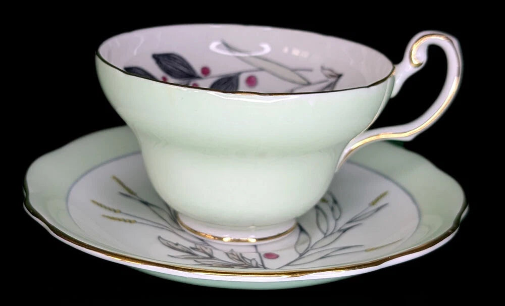 Vintage Foley Bone China Teacup & Saucer - Light Green & Twig Bouquet