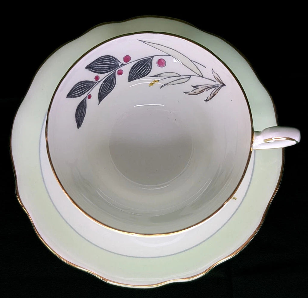 Vintage Foley Bone China Teacup & Saucer - Light Green & Twig Bouquet