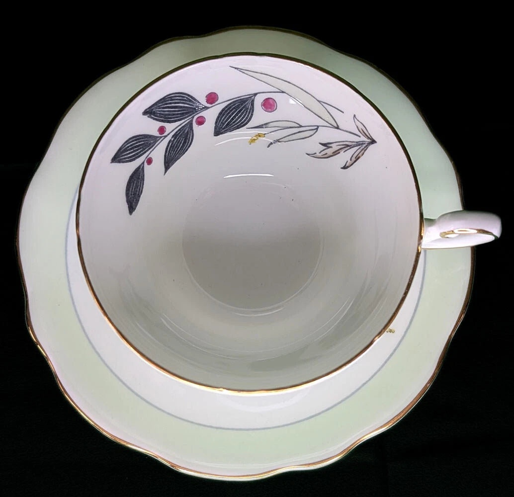 Vintage Foley Bone China Teacup & Saucer - Light Green & Twig Bouquet