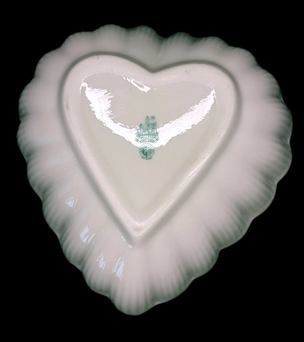 Beautiful BELLEEK - Ireland - Heart Shaped Candy / Bon Bon Dish - Green Mark