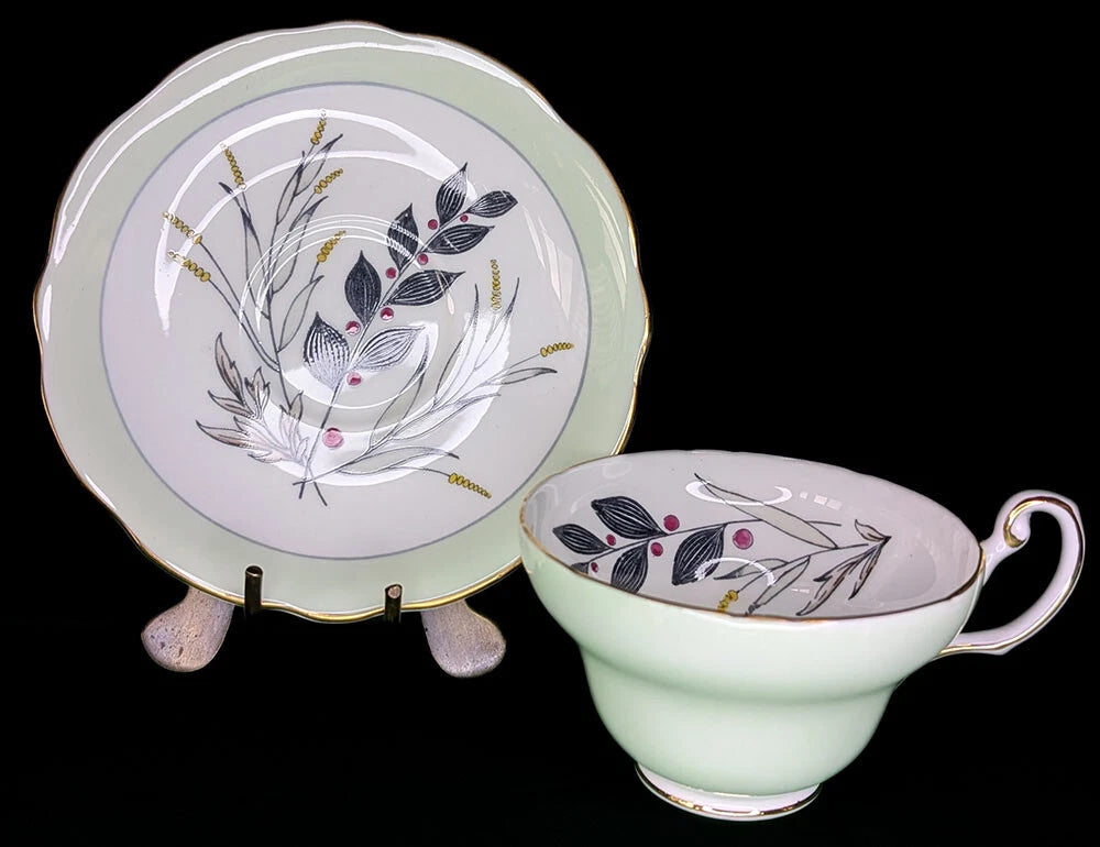 Vintage Foley Bone China Teacup & Saucer - Light Green & Twig Bouquet