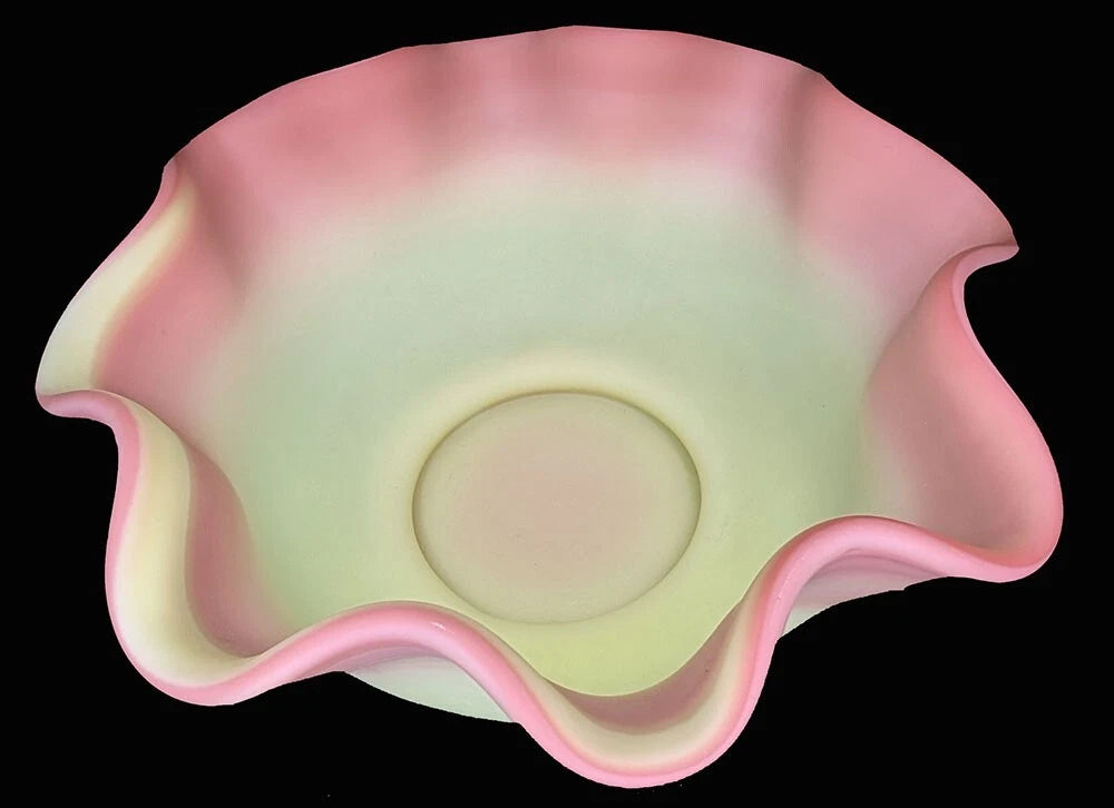 Vintage Fenton Burmese Sunset Glass Ruffled Edge Basket Bowl - 9"
