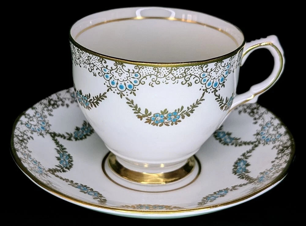 Vintage Salisbury Bone China Teacup & Saucer - Gold Paisley Trim & Blue Accent
