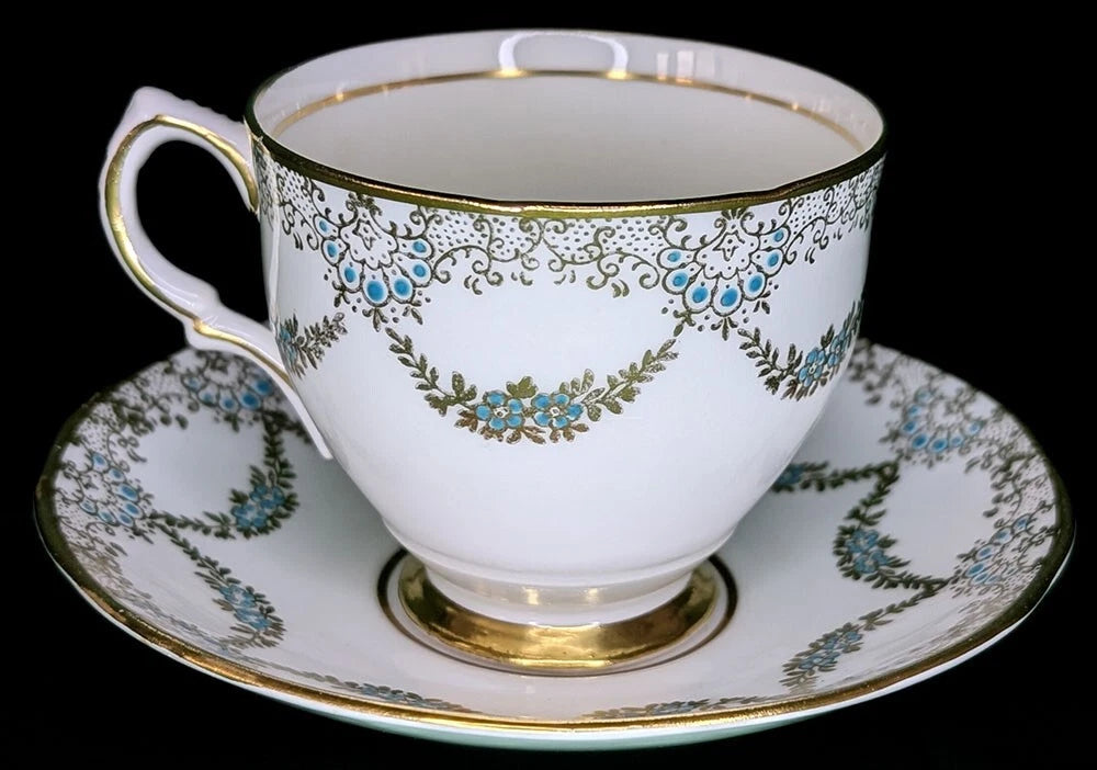 Vintage Salisbury Bone China Teacup & Saucer - Gold Paisley Trim & Blue Accent