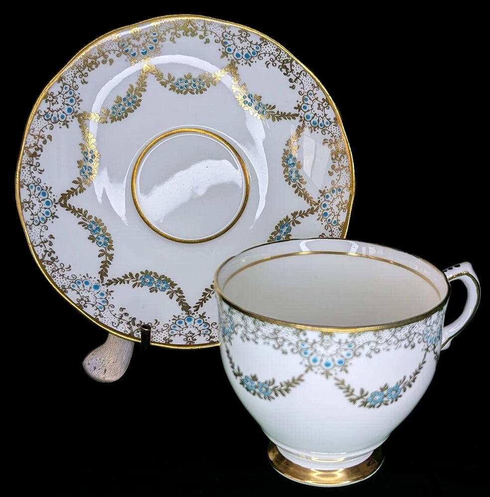 Vintage Salisbury Bone China Teacup & Saucer - Gold Paisley Trim & Blue Accent